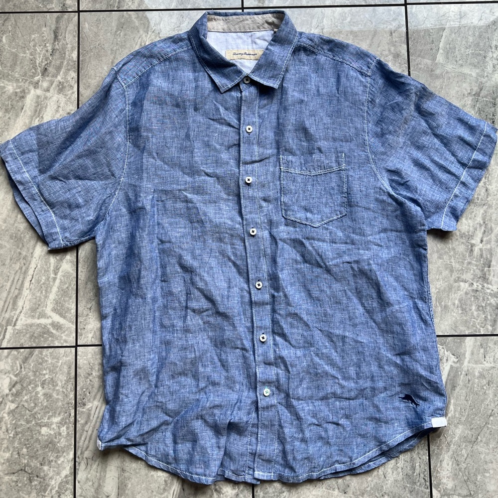 Tommy Bahama Mens Chambray Blue 100%Linen ShortSleeve Embroidered Button Shirt L